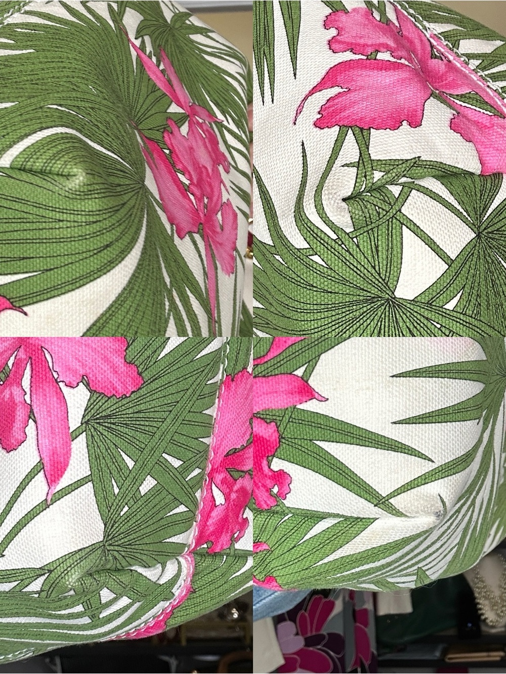 Vintage Celine Tropical Hibiscus Palm Floral Canvas & leather Large Tote w/ COA - Picture 13 of 16